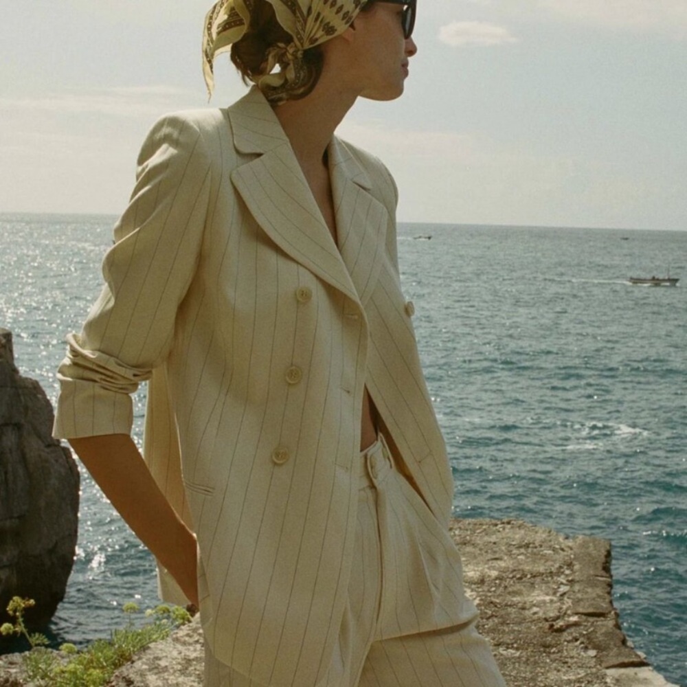 Doen Harrison Pinstripe Double Breasted Suit Blazer Jacket Cream Gessato Stripe